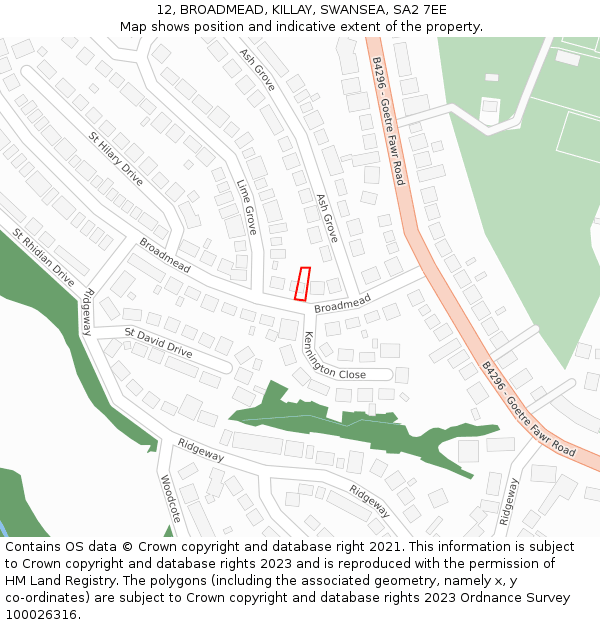 12, BROADMEAD, KILLAY, SWANSEA, SA2 7EE: Location map and indicative extent of plot