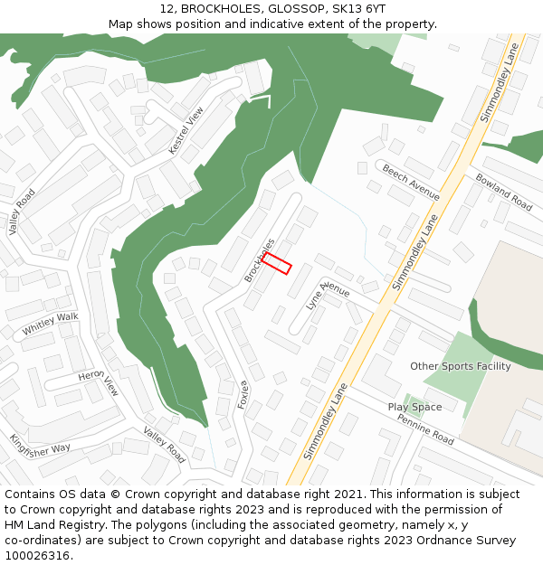 12, BROCKHOLES, GLOSSOP, SK13 6YT: Location map and indicative extent of plot