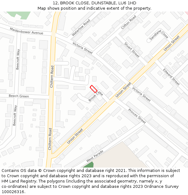 12, BROOK CLOSE, DUNSTABLE, LU6 1HD: Location map and indicative extent of plot