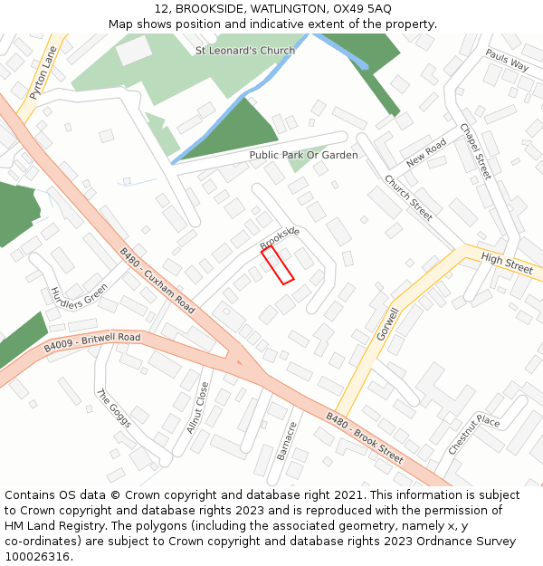 12, BROOKSIDE, WATLINGTON, OX49 5AQ: Location map and indicative extent of plot