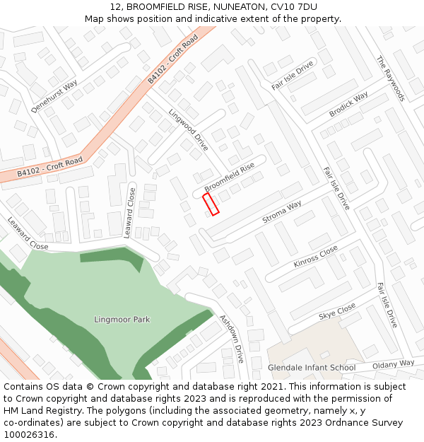 12, BROOMFIELD RISE, NUNEATON, CV10 7DU: Location map and indicative extent of plot