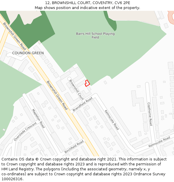 12, BROWNSHILL COURT, COVENTRY, CV6 2PE: Location map and indicative extent of plot