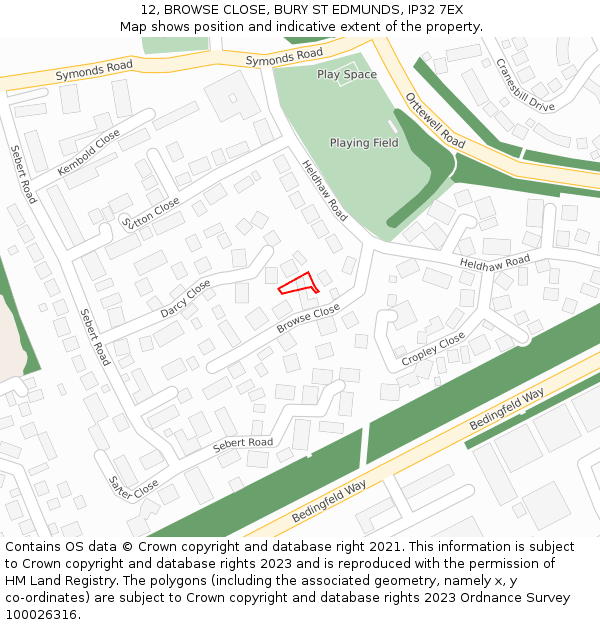 12, BROWSE CLOSE, BURY ST EDMUNDS, IP32 7EX: Location map and indicative extent of plot
