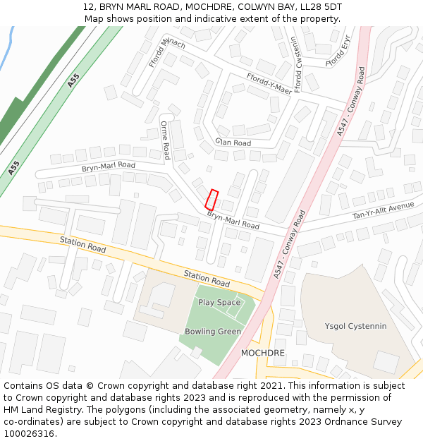 12, BRYN MARL ROAD, MOCHDRE, COLWYN BAY, LL28 5DT: Location map and indicative extent of plot