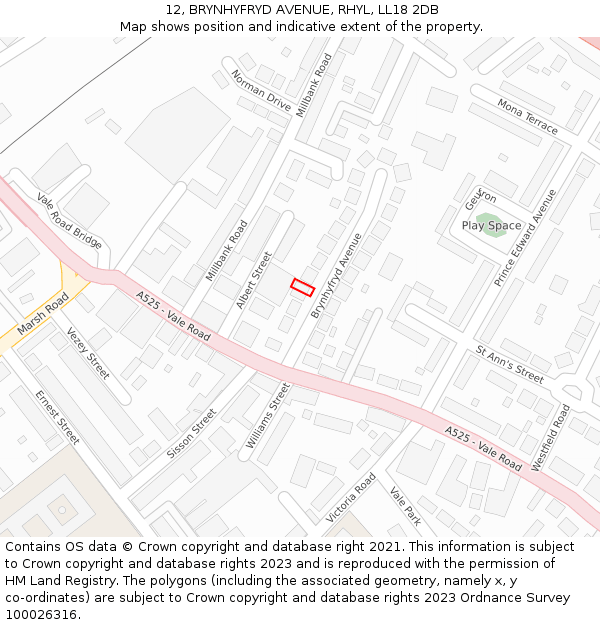 12, BRYNHYFRYD AVENUE, RHYL, LL18 2DB: Location map and indicative extent of plot