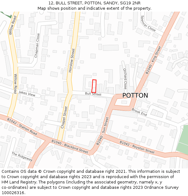 12, BULL STREET, POTTON, SANDY, SG19 2NR: Location map and indicative extent of plot