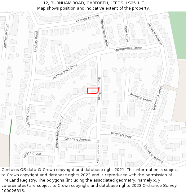 12, BURNHAM ROAD, GARFORTH, LEEDS, LS25 1LE: Location map and indicative extent of plot