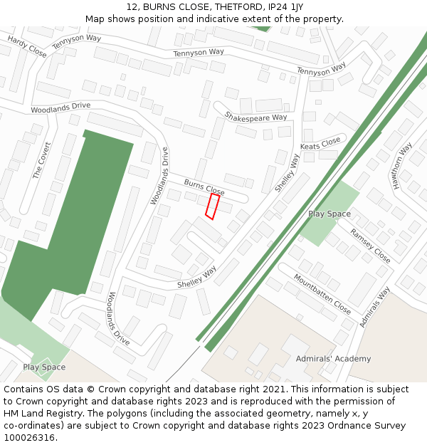 12, BURNS CLOSE, THETFORD, IP24 1JY: Location map and indicative extent of plot