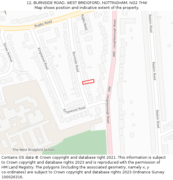 12, BURNSIDE ROAD, WEST BRIDGFORD, NOTTINGHAM, NG2 7HW: Location map and indicative extent of plot