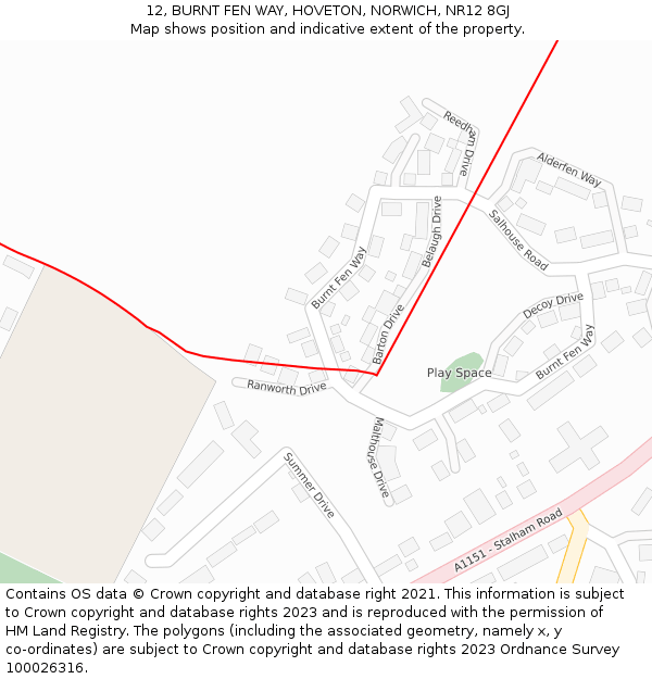 12, BURNT FEN WAY, HOVETON, NORWICH, NR12 8GJ: Location map and indicative extent of plot