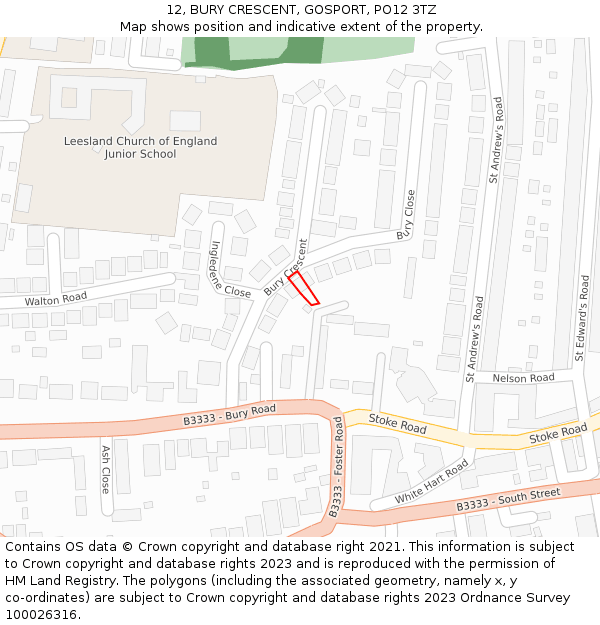 12, BURY CRESCENT, GOSPORT, PO12 3TZ: Location map and indicative extent of plot