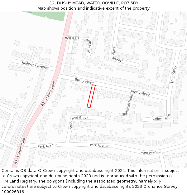 12, BUSHY MEAD, WATERLOOVILLE, PO7 5DY: Location map and indicative extent of plot