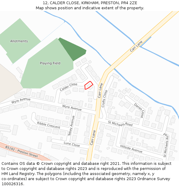 12, CALDER CLOSE, KIRKHAM, PRESTON, PR4 2ZE: Location map and indicative extent of plot