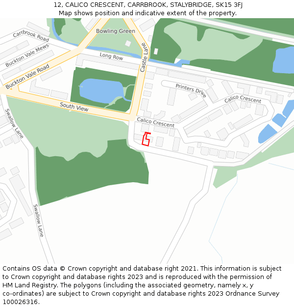 12, CALICO CRESCENT, CARRBROOK, STALYBRIDGE, SK15 3FJ: Location map and indicative extent of plot