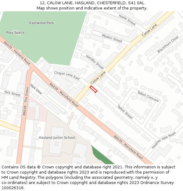 12, CALOW LANE, HASLAND, CHESTERFIELD, S41 0AL: Location map and indicative extent of plot