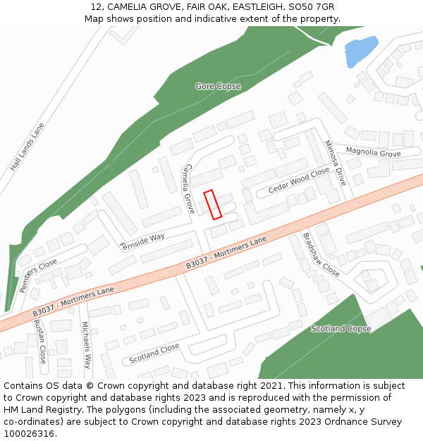 12, CAMELIA GROVE, FAIR OAK, EASTLEIGH, SO50 7GR: Location map and indicative extent of plot