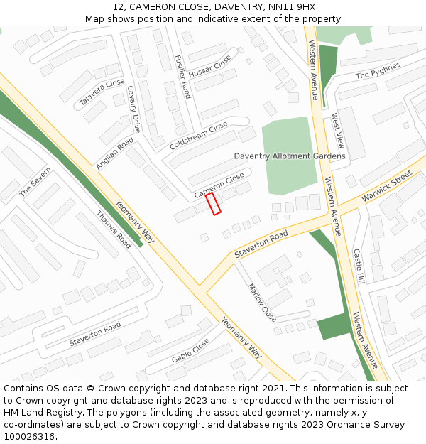 12, CAMERON CLOSE, DAVENTRY, NN11 9HX: Location map and indicative extent of plot