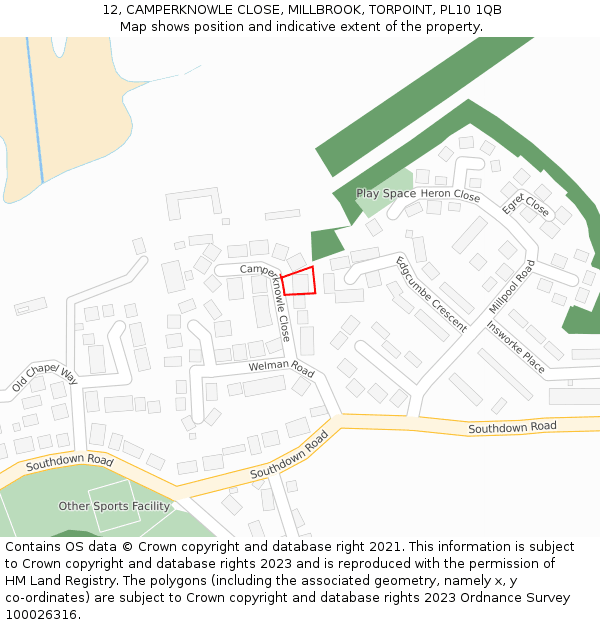 12, CAMPERKNOWLE CLOSE, MILLBROOK, TORPOINT, PL10 1QB: Location map and indicative extent of plot