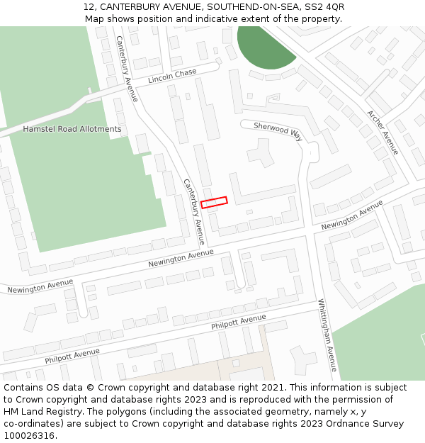 12, CANTERBURY AVENUE, SOUTHEND-ON-SEA, SS2 4QR: Location map and indicative extent of plot