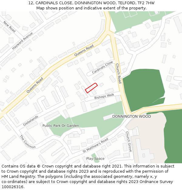 12, CARDINALS CLOSE, DONNINGTON WOOD, TELFORD, TF2 7HW: Location map and indicative extent of plot