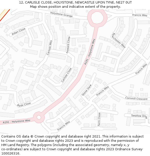 12, CARLISLE CLOSE, HOLYSTONE, NEWCASTLE UPON TYNE, NE27 0UT: Location map and indicative extent of plot