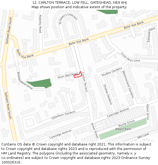 12, CARLTON TERRACE, LOW FELL, GATESHEAD, NE9 6HJ: Location map and indicative extent of plot