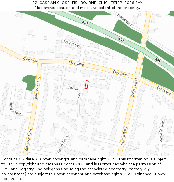 12, CASPIAN CLOSE, FISHBOURNE, CHICHESTER, PO18 8AY: Location map and indicative extent of plot