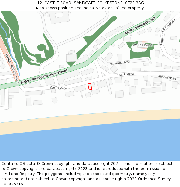 12, CASTLE ROAD, SANDGATE, FOLKESTONE, CT20 3AG: Location map and indicative extent of plot