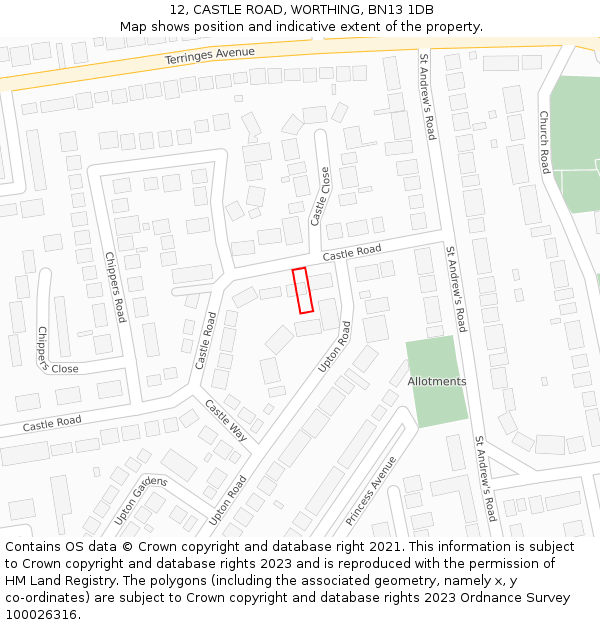 12, CASTLE ROAD, WORTHING, BN13 1DB: Location map and indicative extent of plot