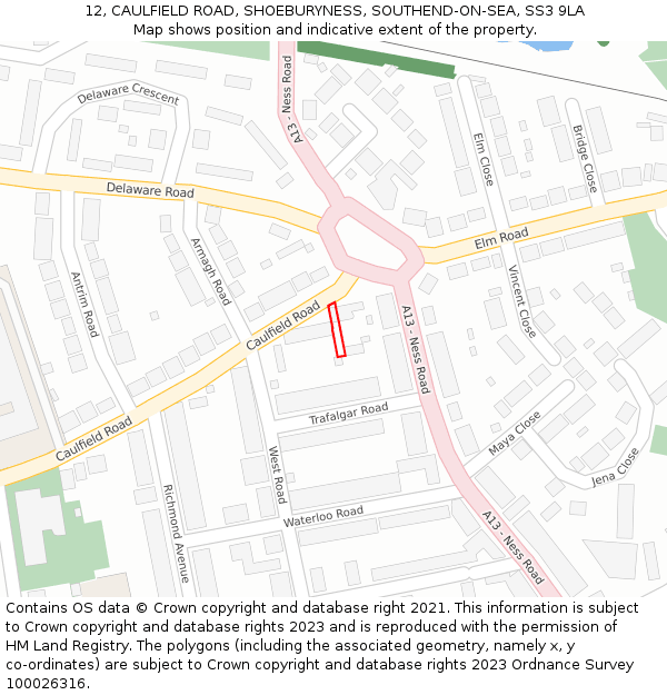 12, CAULFIELD ROAD, SHOEBURYNESS, SOUTHEND-ON-SEA, SS3 9LA: Location map and indicative extent of plot