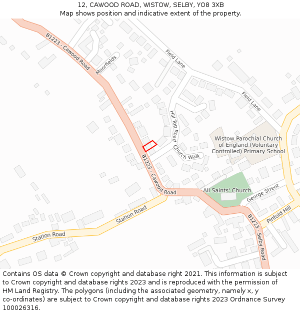 12, CAWOOD ROAD, WISTOW, SELBY, YO8 3XB: Location map and indicative extent of plot