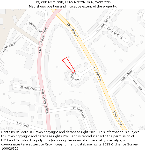 12, CEDAR CLOSE, LEAMINGTON SPA, CV32 7DD: Location map and indicative extent of plot