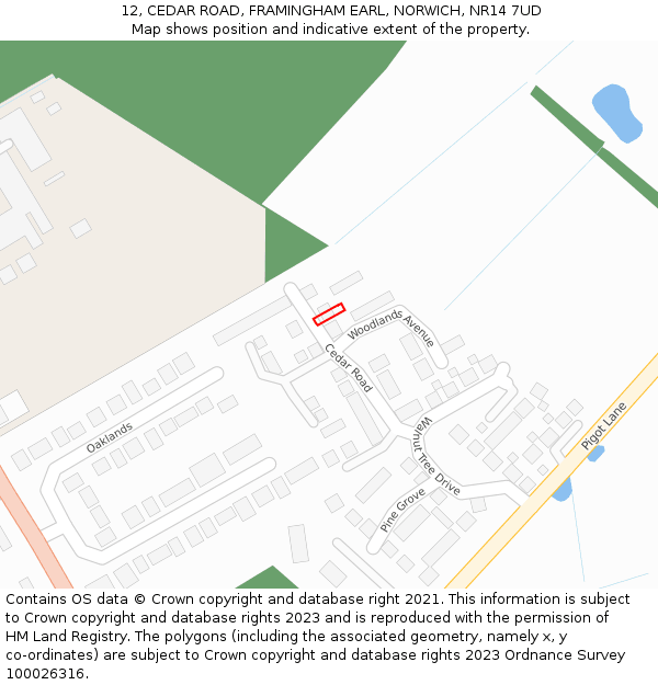 12, CEDAR ROAD, FRAMINGHAM EARL, NORWICH, NR14 7UD: Location map and indicative extent of plot