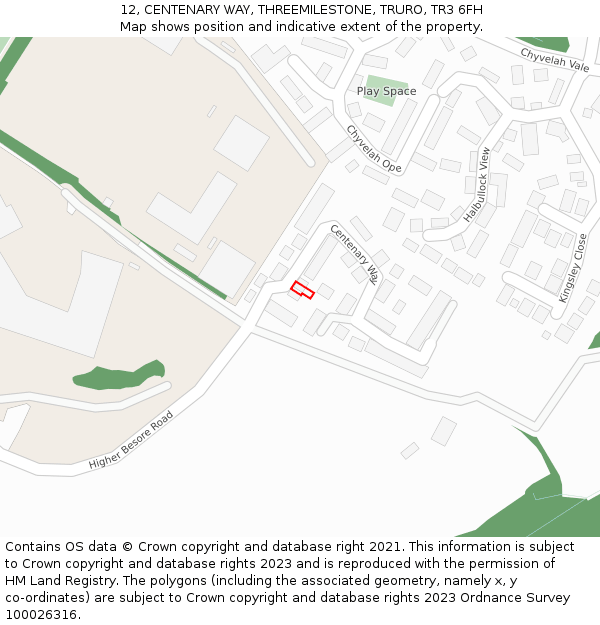 12, CENTENARY WAY, THREEMILESTONE, TRURO, TR3 6FH: Location map and indicative extent of plot