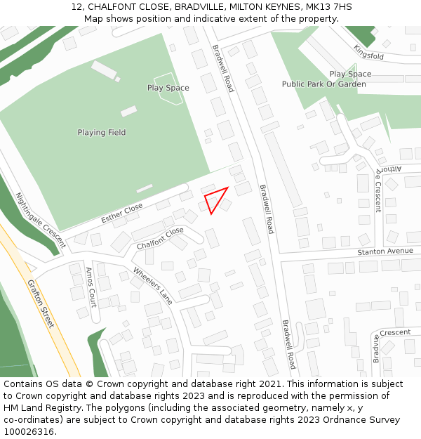 12, CHALFONT CLOSE, BRADVILLE, MILTON KEYNES, MK13 7HS: Location map and indicative extent of plot