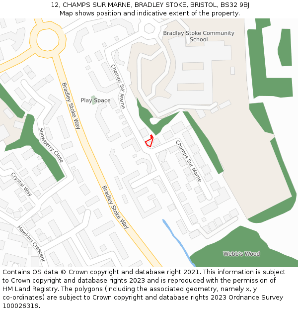 12, CHAMPS SUR MARNE, BRADLEY STOKE, BRISTOL, BS32 9BJ: Location map and indicative extent of plot