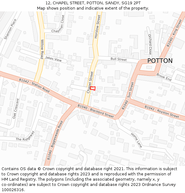 12, CHAPEL STREET, POTTON, SANDY, SG19 2PT: Location map and indicative extent of plot