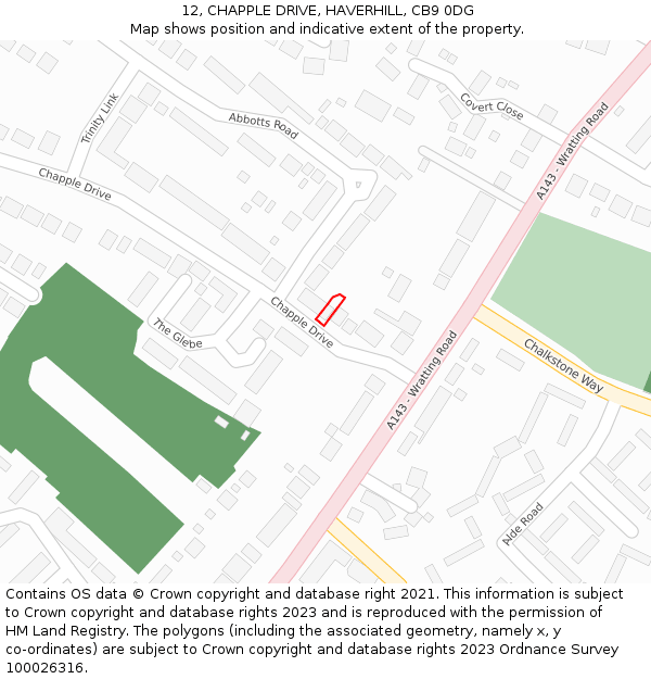 12, CHAPPLE DRIVE, HAVERHILL, CB9 0DG: Location map and indicative extent of plot