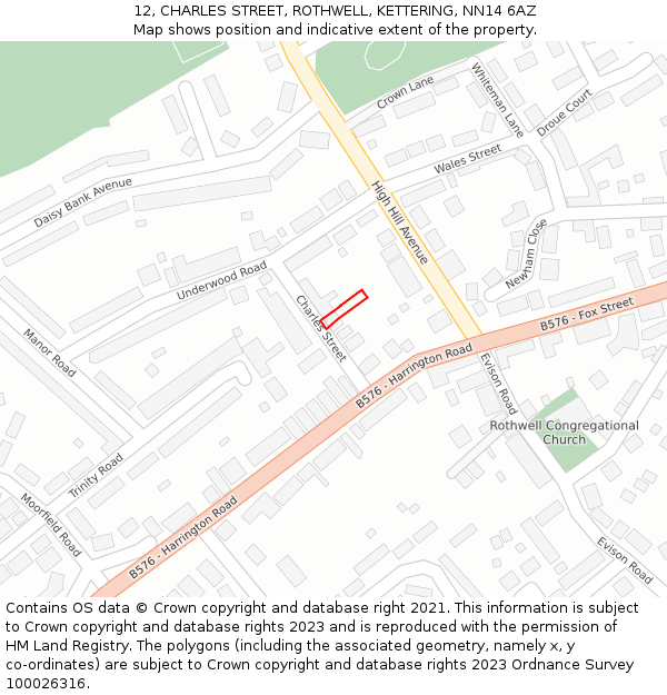 12, CHARLES STREET, ROTHWELL, KETTERING, NN14 6AZ: Location map and indicative extent of plot