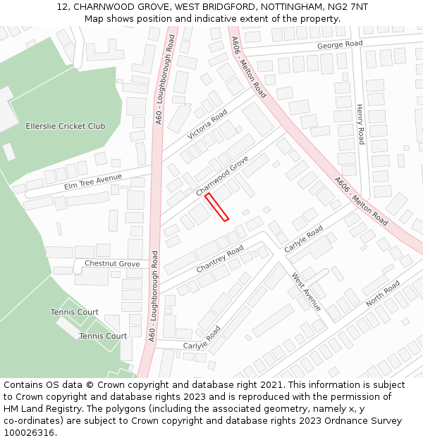 12, CHARNWOOD GROVE, WEST BRIDGFORD, NOTTINGHAM, NG2 7NT: Location map and indicative extent of plot