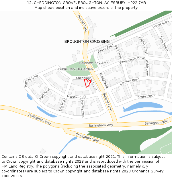 12, CHEDDINGTON GROVE, BROUGHTON, AYLESBURY, HP22 7AB: Location map and indicative extent of plot