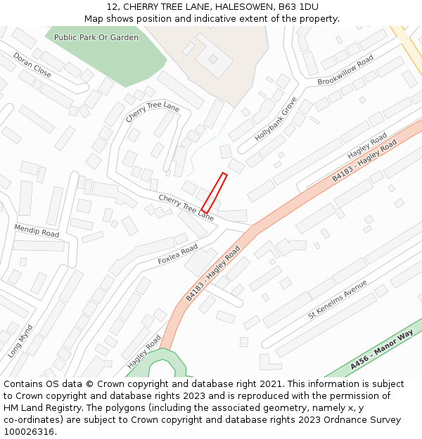 12, CHERRY TREE LANE, HALESOWEN, B63 1DU: Location map and indicative extent of plot