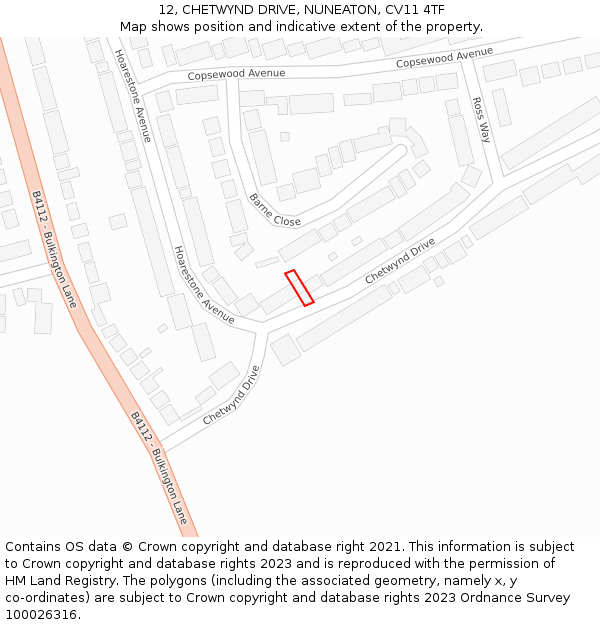 12, CHETWYND DRIVE, NUNEATON, CV11 4TF: Location map and indicative extent of plot