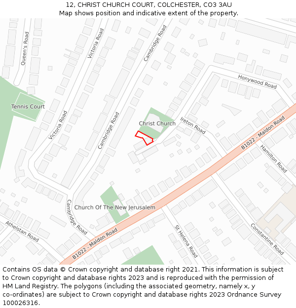 12, CHRIST CHURCH COURT, COLCHESTER, CO3 3AU: Location map and indicative extent of plot