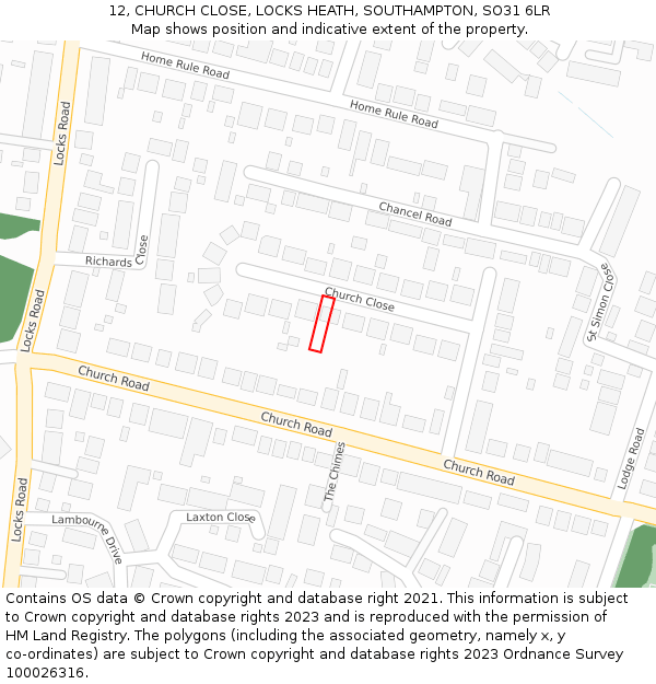 12, CHURCH CLOSE, LOCKS HEATH, SOUTHAMPTON, SO31 6LR: Location map and indicative extent of plot