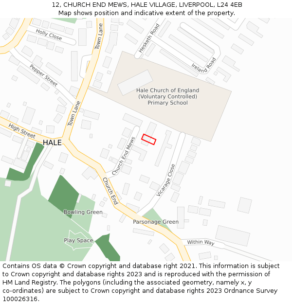 12, CHURCH END MEWS, HALE VILLAGE, LIVERPOOL, L24 4EB: Location map and indicative extent of plot