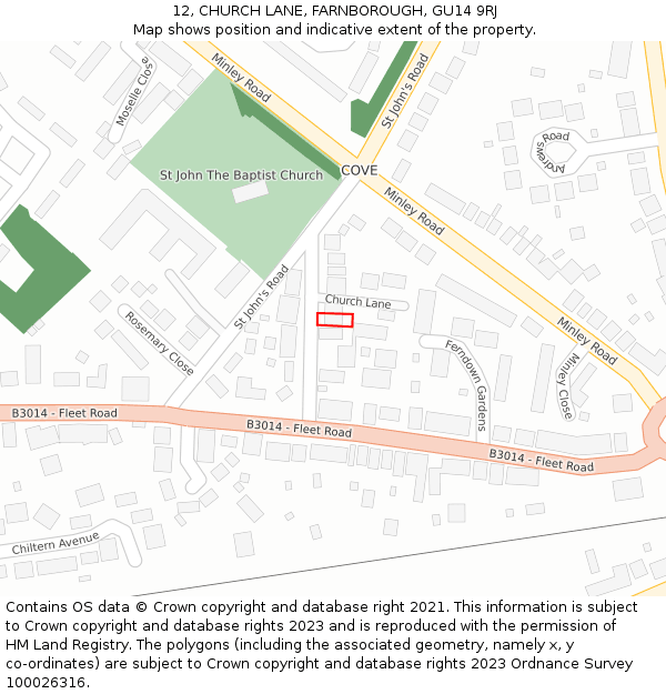 12, CHURCH LANE, FARNBOROUGH, GU14 9RJ: Location map and indicative extent of plot