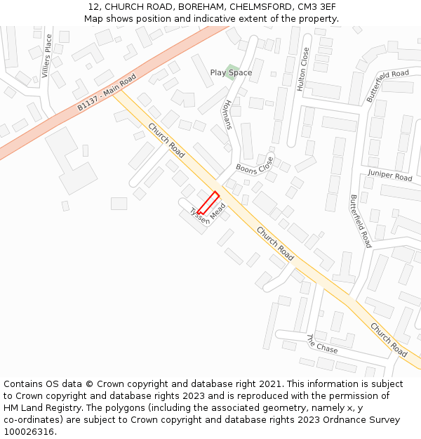 12, CHURCH ROAD, BOREHAM, CHELMSFORD, CM3 3EF: Location map and indicative extent of plot