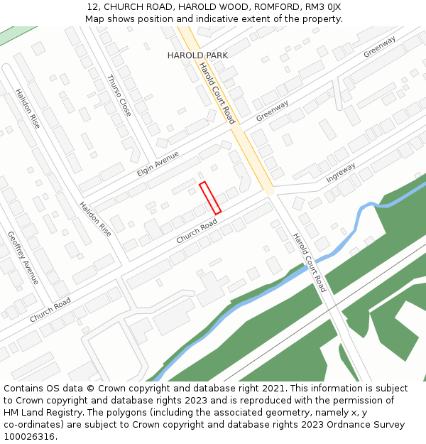 12, CHURCH ROAD, HAROLD WOOD, ROMFORD, RM3 0JX: Location map and indicative extent of plot