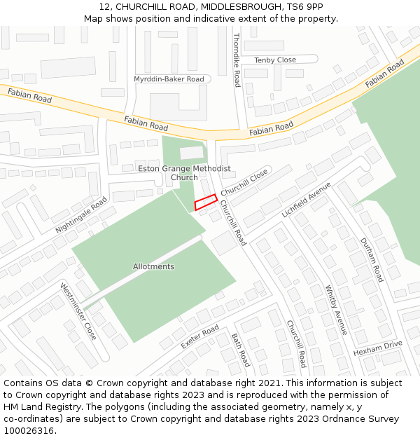 12, CHURCHILL ROAD, MIDDLESBROUGH, TS6 9PP: Location map and indicative extent of plot